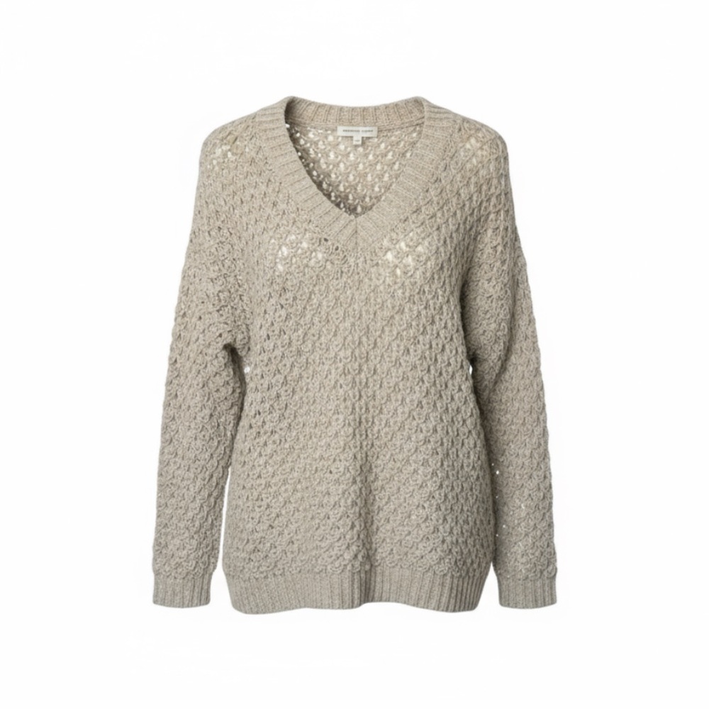 Woven Heart V-Neck Open Knit Sweater in Oatmeal